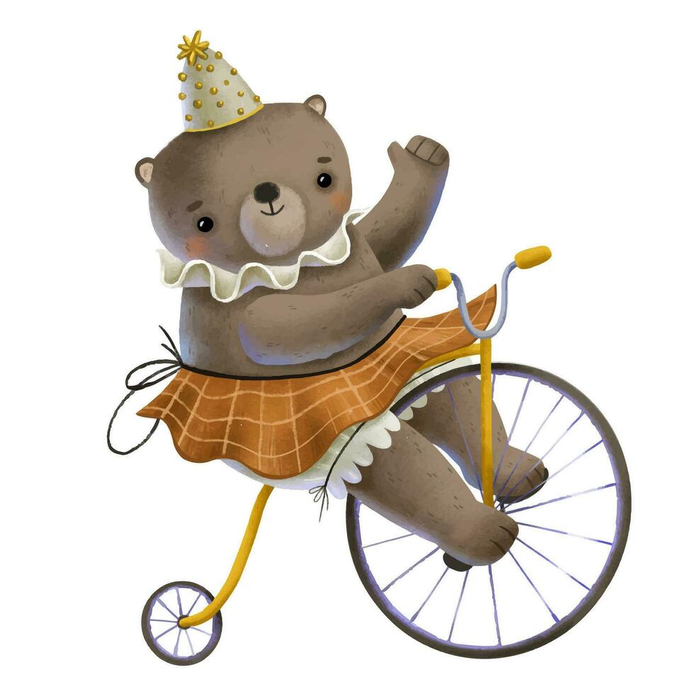 A cute bear in a clown hat and fluffy skirt rides a circus bicycle and waves his hand. Joyful animal performing on the circus arena Cute isolated hand drawn illustration for children vector