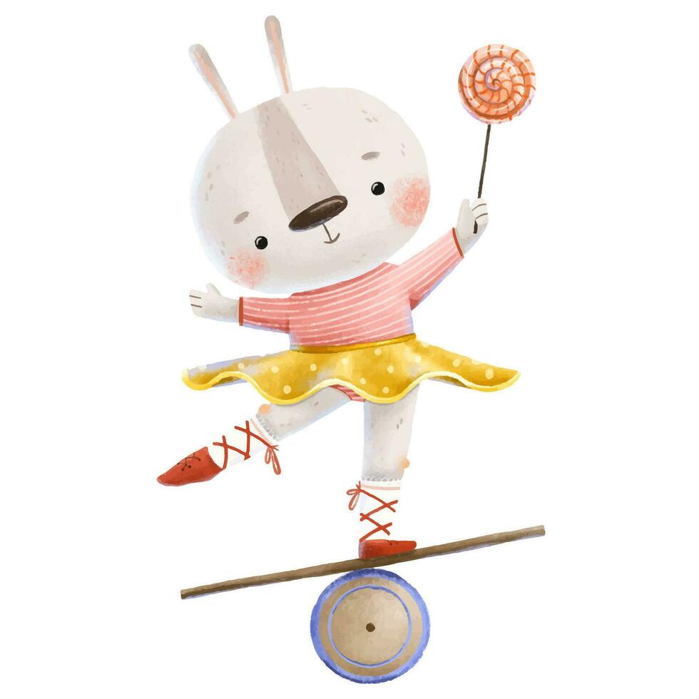 A little bunny gymnast in a fluffy skirt and pointe shoes shows tricks at a circus show. The hare stands on the Trickboard and balances on one leg and with a lollipop in his hand. Cute children's vector