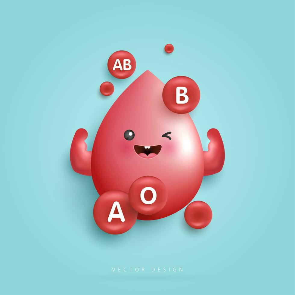 Blood with group droplets is strong. blood type. cute happy healthy smiling blood drop character for medical apps, websites and hospital. vector design.