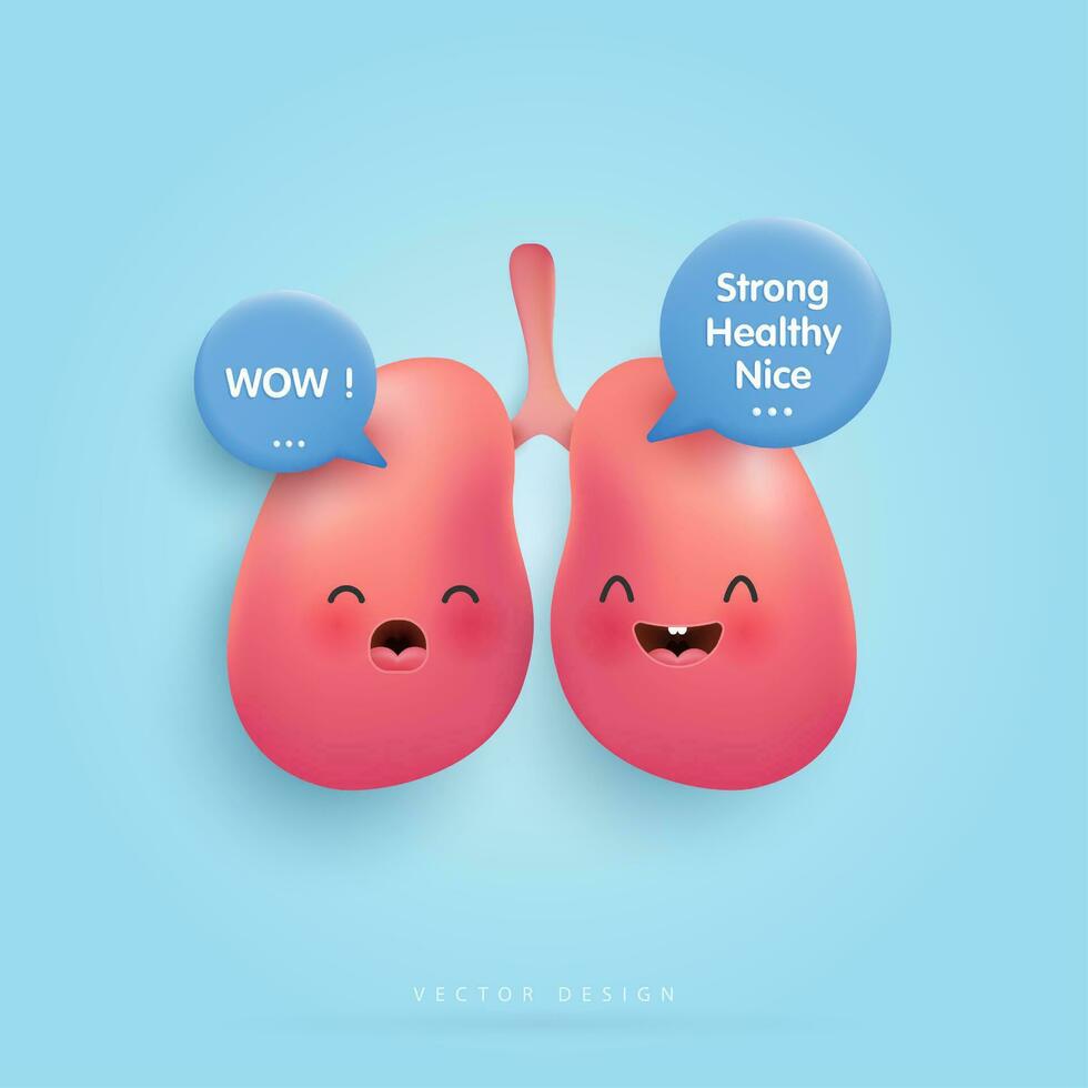 Cartoon healthy and strong lungs character concept. funny cute smiling happy lungs for medical apps and websites. vector design.