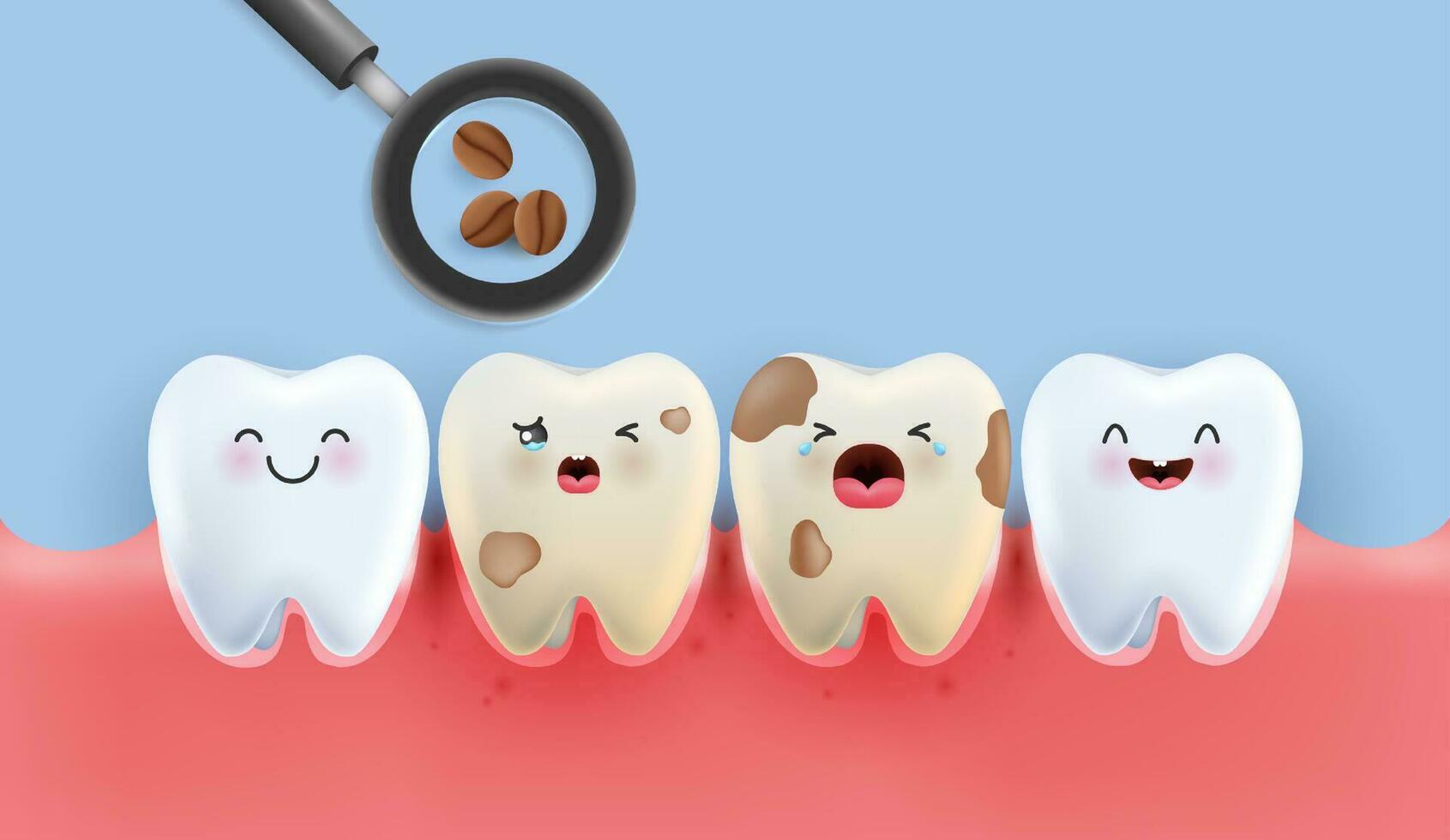 conjunto de insalubre diente con café manchas café hace tu dientes amarillo. diente para niños. dental y odontología concepto para niños hospital. sano diente personaje. linda limpiar diente dibujos animados icono. vector