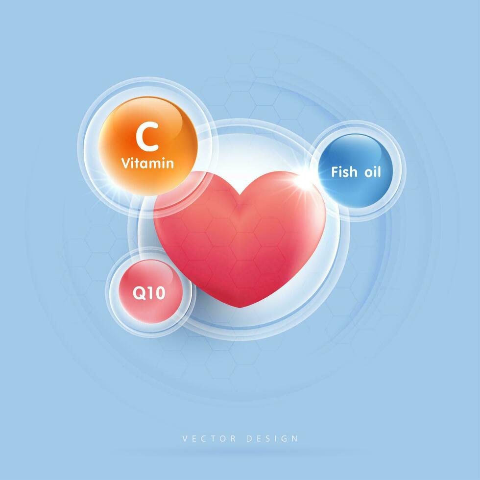 corazón y vitaminas para sano pulmones. vitamina C, mi, b6, California y omega 3. médico comida suplemento conceptos. salud cuidado médico. vector diseño.