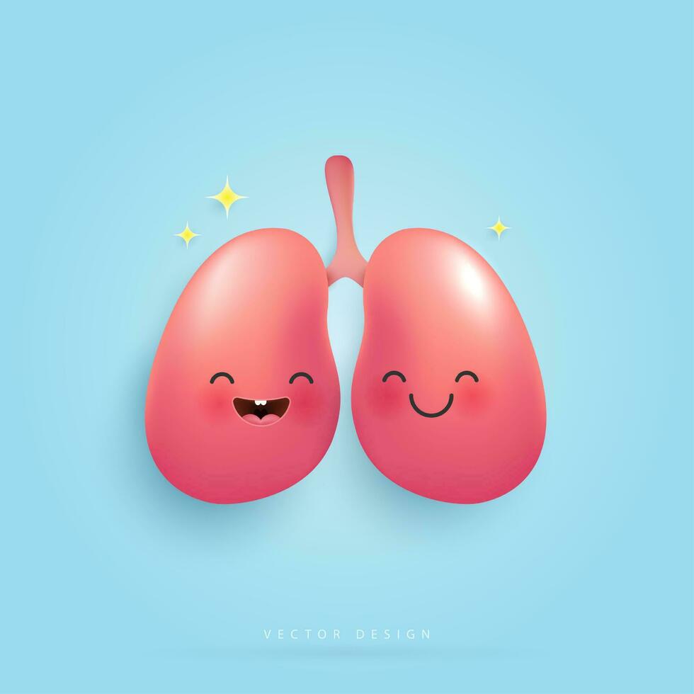 Cartoon healthy and strong lungs character concept. funny cute smiling happy lungs for medical apps and websites. vector design.
