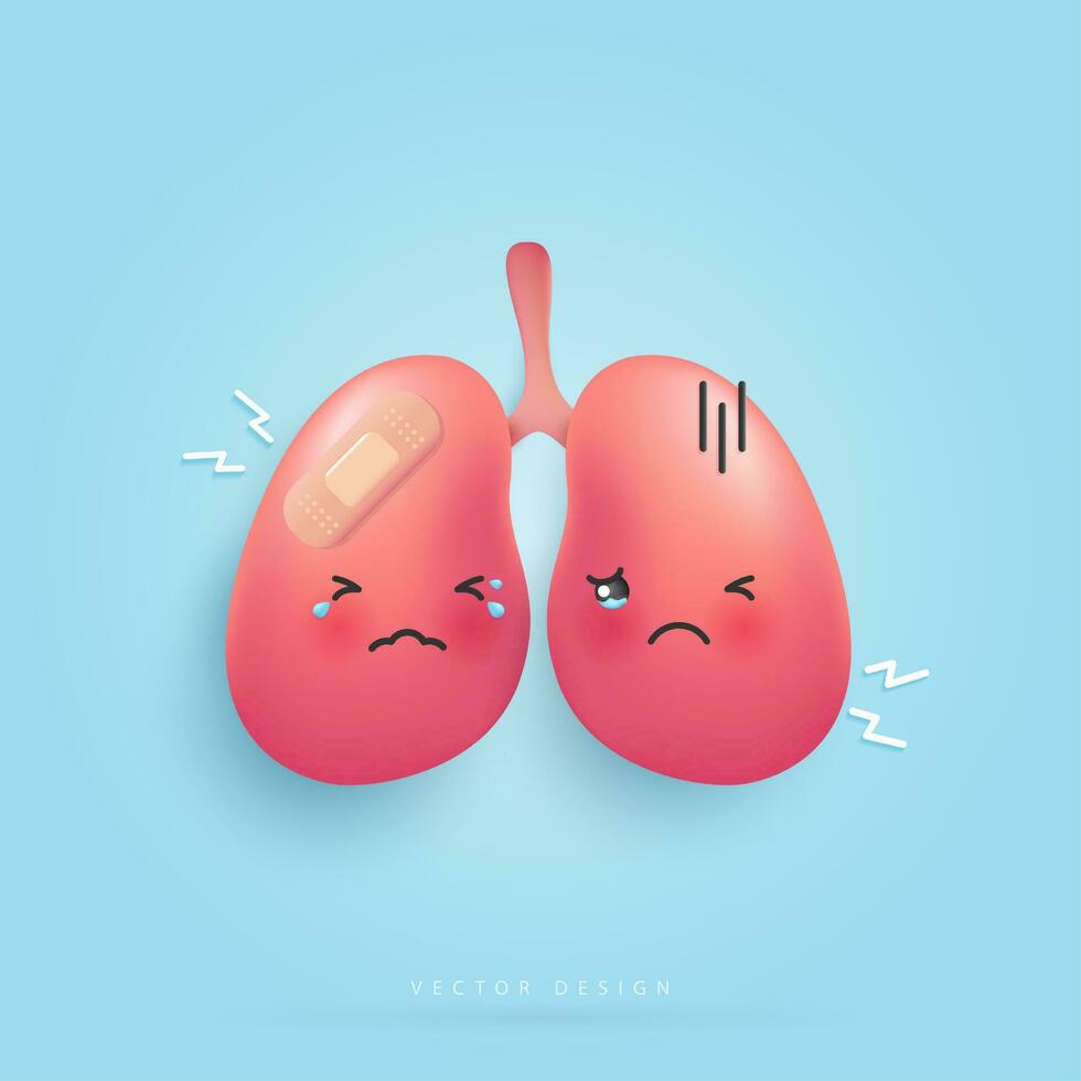Cartoon lungs is hurt and sad unhealthy Infected lungs  affects health. health care, hospital. cartoon character style. vector design.