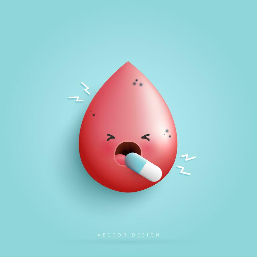 Cartoon blood is sick and taking medicine character concept. negative effect of viruses, germs and bacteria on the human blood for medical. vector design.