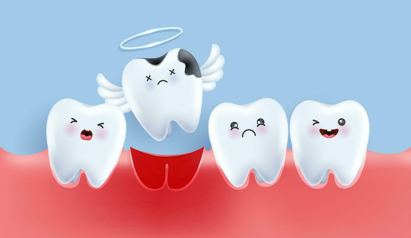 Dental cavity treatment, decayed teeth. teeth character for kids. cute dentist mascot for medical apps, websites and hospital. vector design.