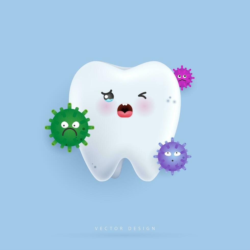 diente personaje llantos porque de gérmenes diente adecuado para niños dental clínica. diente personaje para niños. linda dentista mascota para médico aplicaciones, sitios web y hospital. vector diseño.