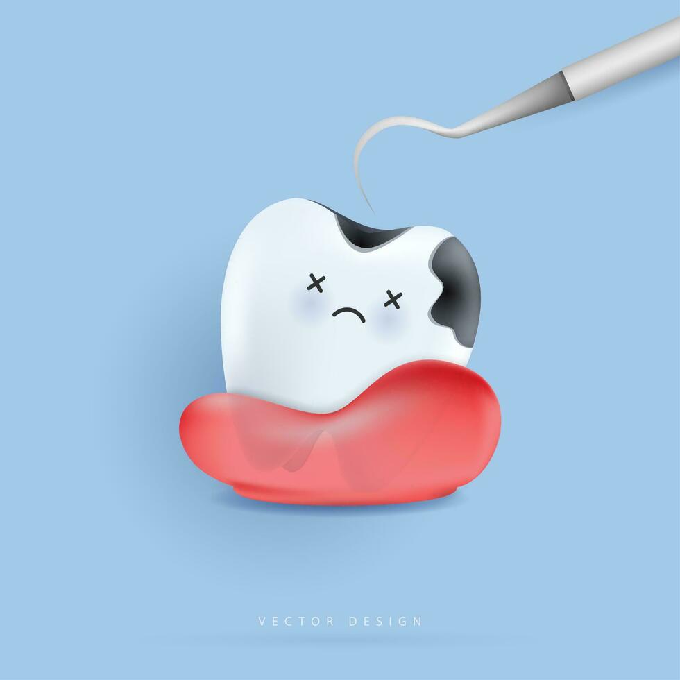 Dental cavity treatment, decayed tooth. tooth character for kids. cute dentist mascot for medical apps, websites and hospital. vector design.