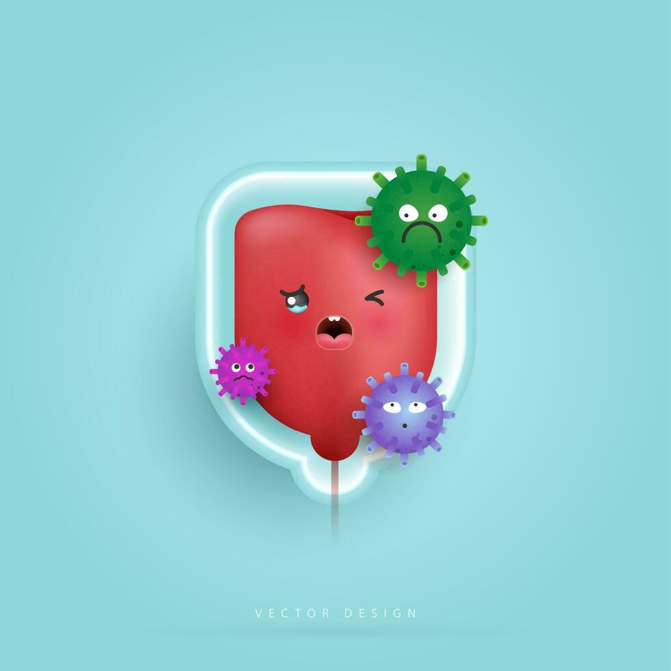 Cartoon Blood bag infected by virus or Germs and sad unhealthy Infected blood affects health. health care, hospital and prevention disease concept. cartoon character style. vector design.