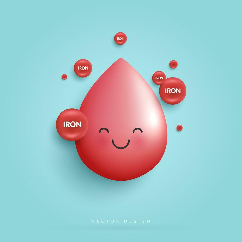 Cartoon blood with iron is healthy and strong blood character concept. funny cute smiling happy blood for medical apps, health care, hospital. cartoon character style. vector design.