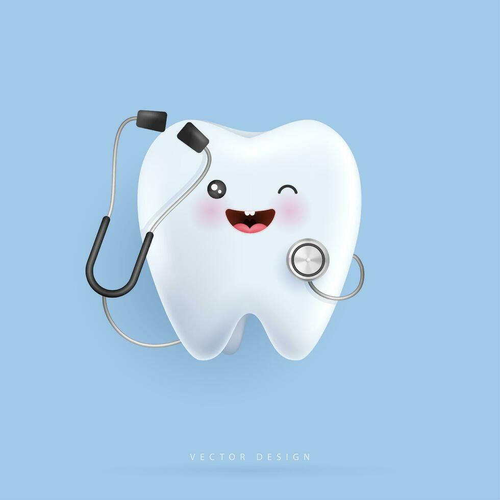 diente personaje con estetoscopio es contento. diente adecuado para niños dental clínica. diente personaje para niños. linda dentista mascota para médico aplicaciones, sitios web y hospital. vector diseño.