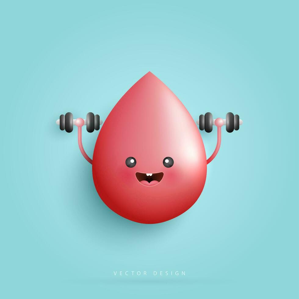 dibujos animados sangre es saludable, fuerte sangre personaje y personaje haciendo peso capacitación. gracioso linda sonriente contento sangre para médico aplicaciones, salud cuidado, hospital. dibujos animados personaje estilo. vector diseño.