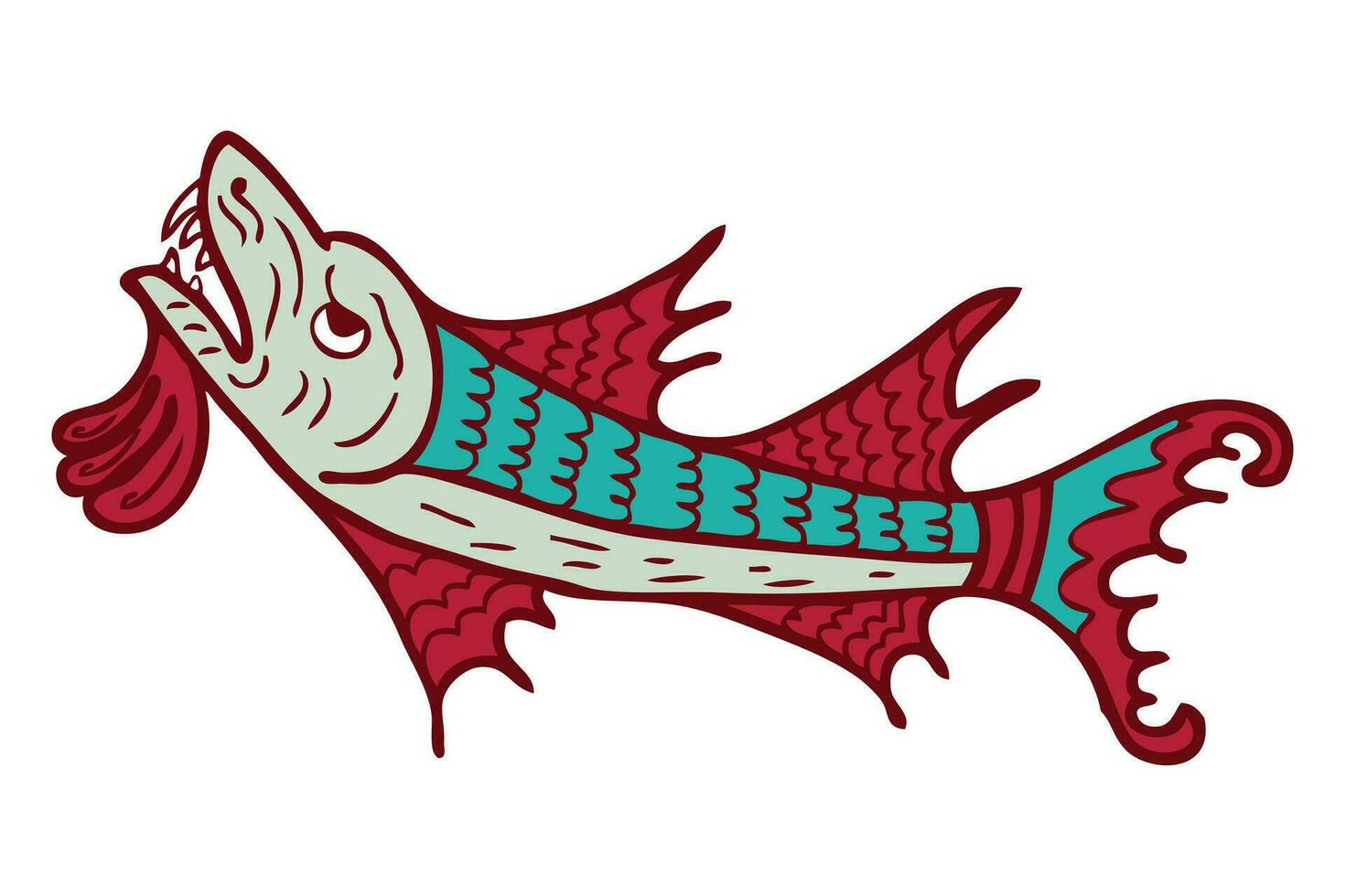 Middle ages bestiary style aquatic beast dragon fish doodle. Perfect for tee, sticker, card, poster. Hand drawn isolated vector illustration.