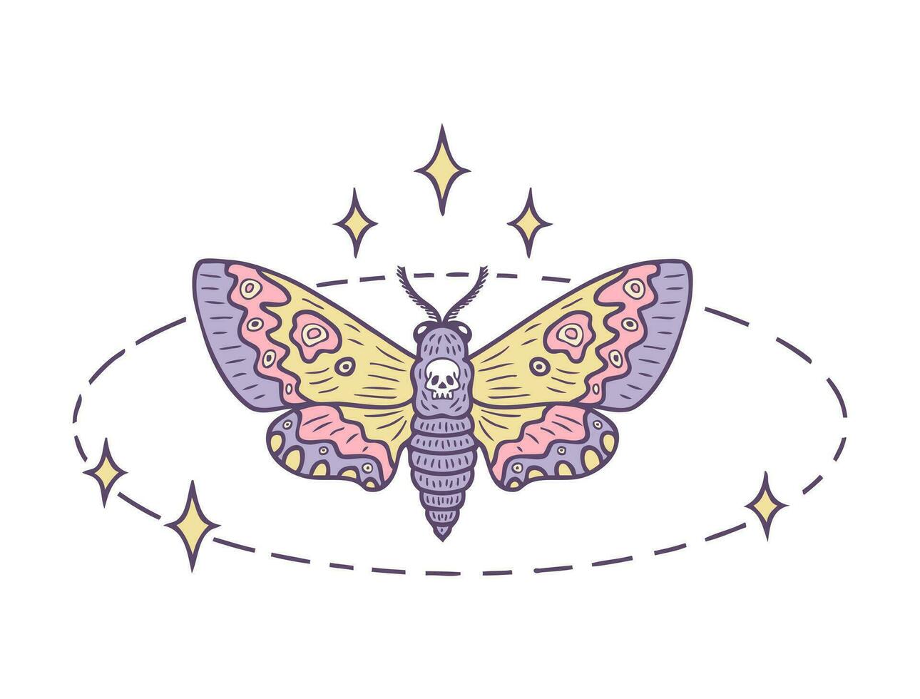 halcón polilla acherontia atropos mariposa redondo magia lineal forma con estrellas. resumen místico signo. Perfecto diseño para magia artesanía. vector