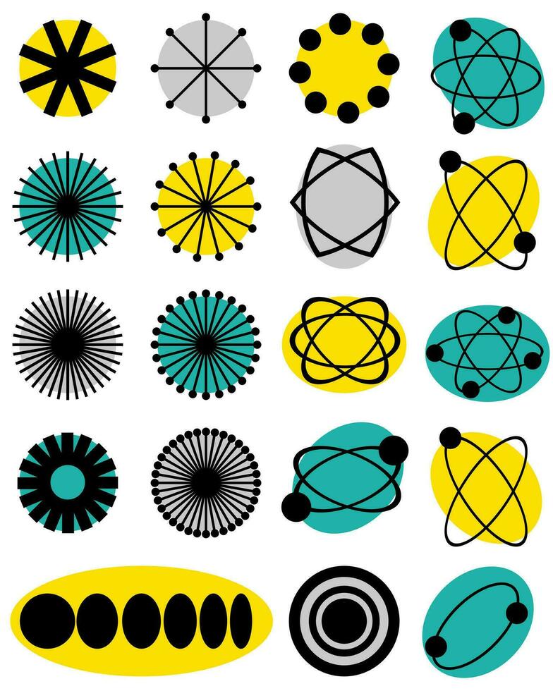 Geometric poster in trendy Retro Mid-Century style. Abstract shapes set. Primitive vector illustration.