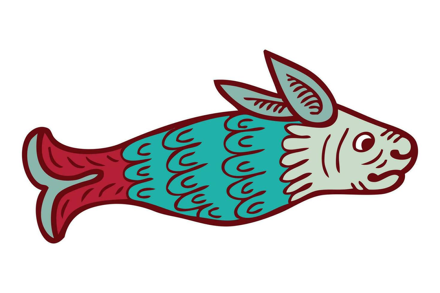 Medieval bestiary style art of hare fish animal doodle. Perfect for tee, sticker, card, poster. Hand drawn isolated vector illustration.