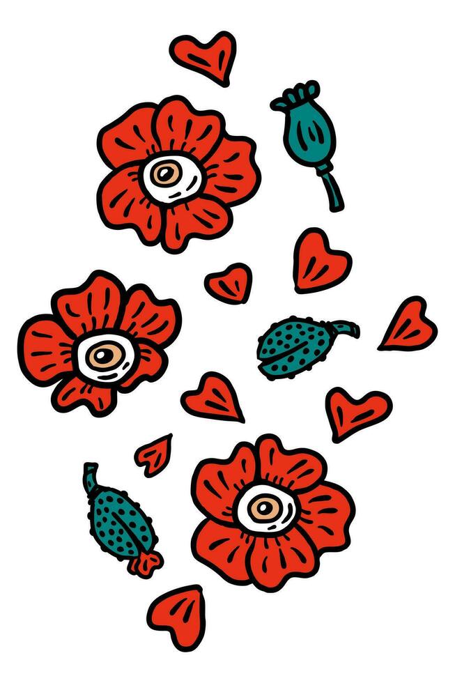 Psychedelic vertical print with big eyed poppy flowers and buds. Perfect for tee, sticker, card, poster. vector