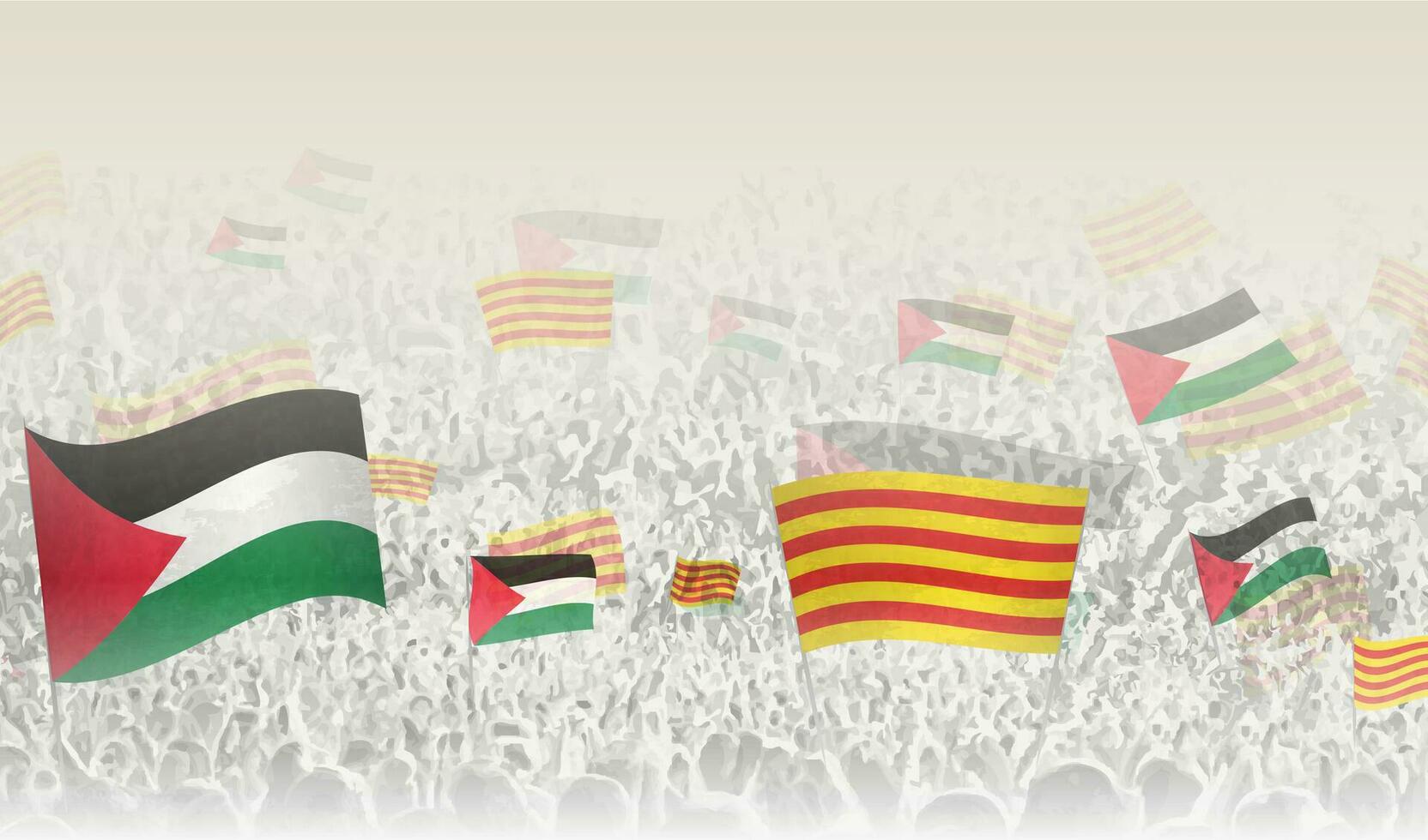 Palestina y Cataluña banderas en un multitud de aplausos gente. vector