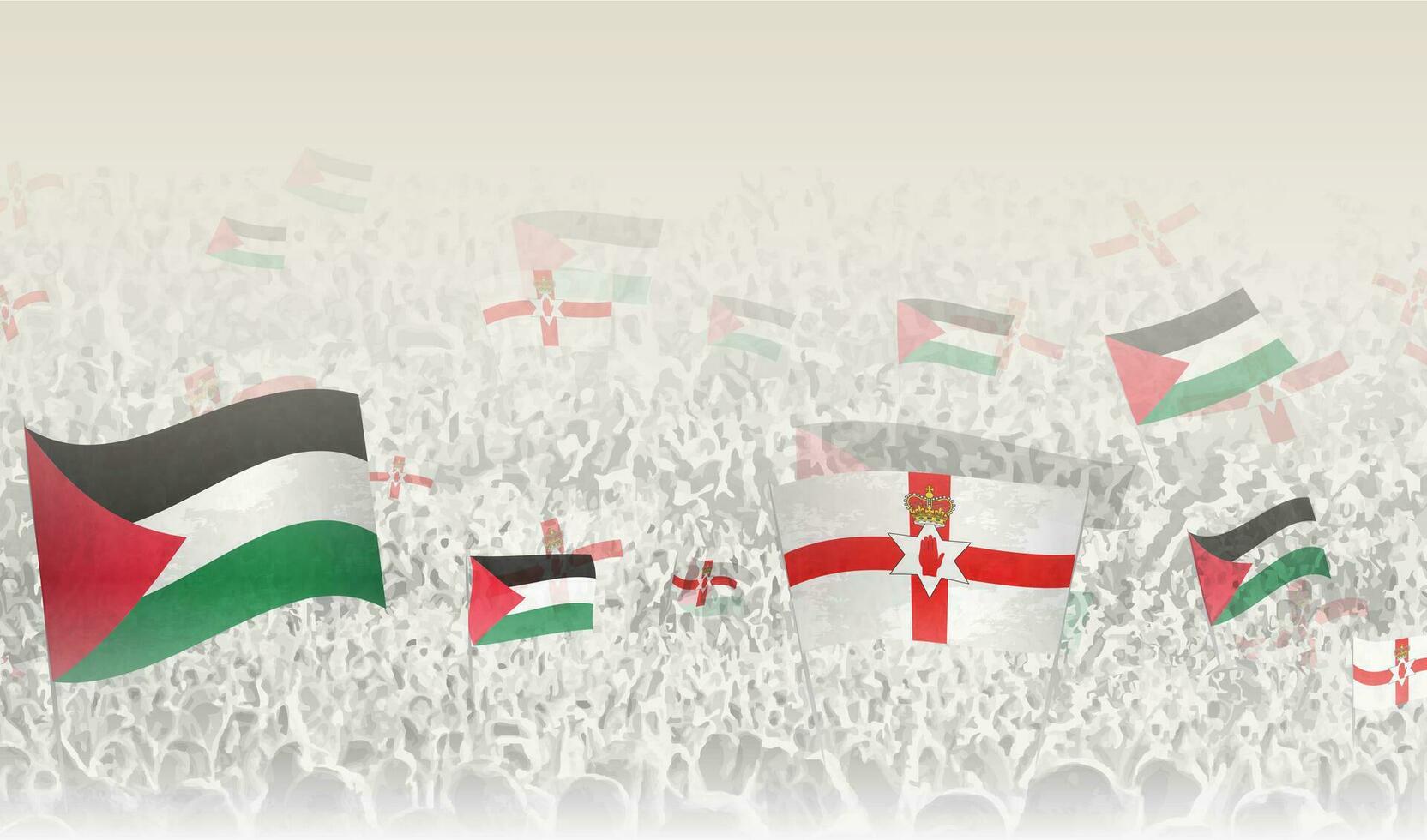 Palestine and Northern Ireland flags in a crowd of cheering people. vector