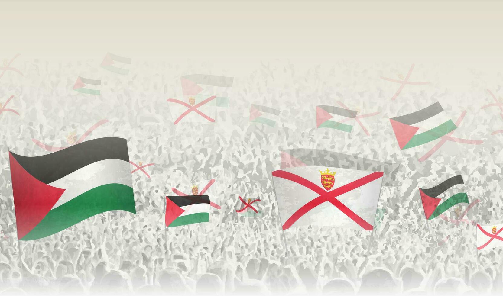 Palestine and Jersey flags in a crowd of cheering people. vector