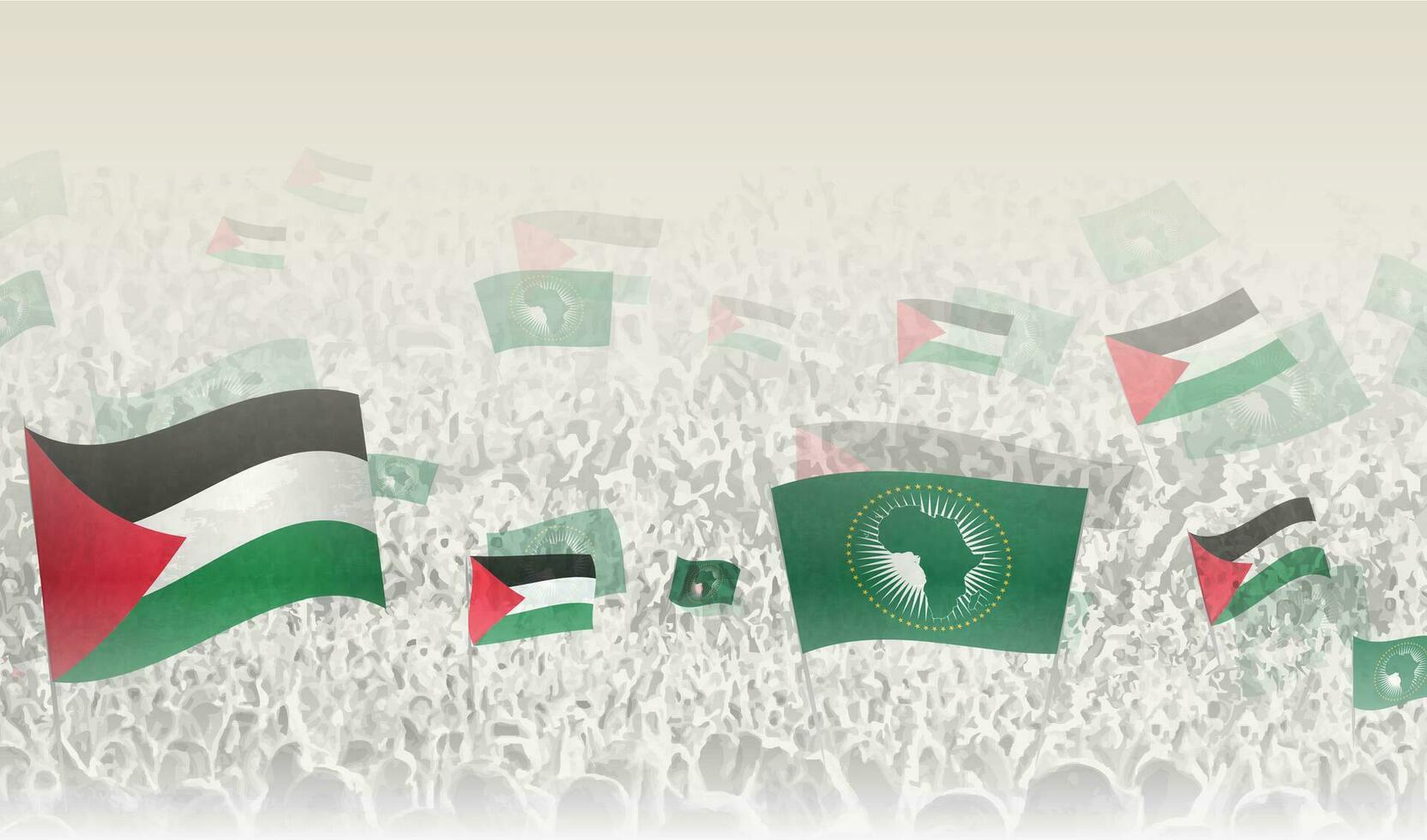Palestina y africano Unión banderas en un multitud de aplausos gente. vector