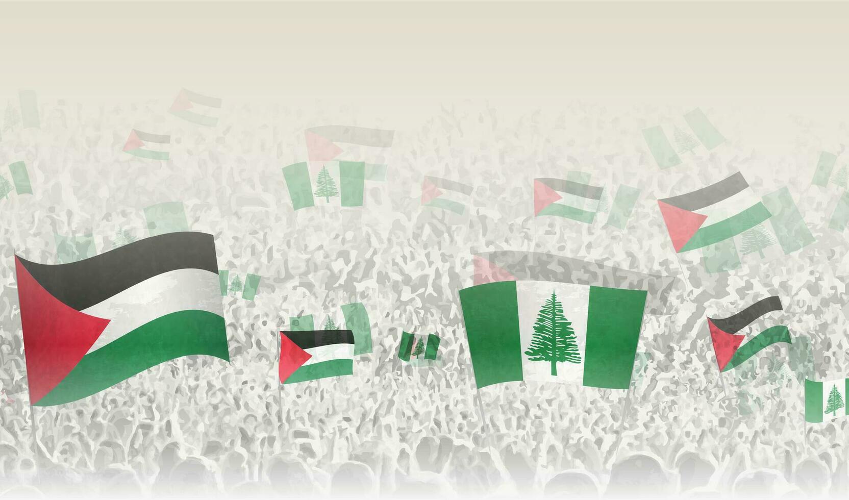 Palestina y norfolk isla banderas en un multitud de aplausos gente. vector