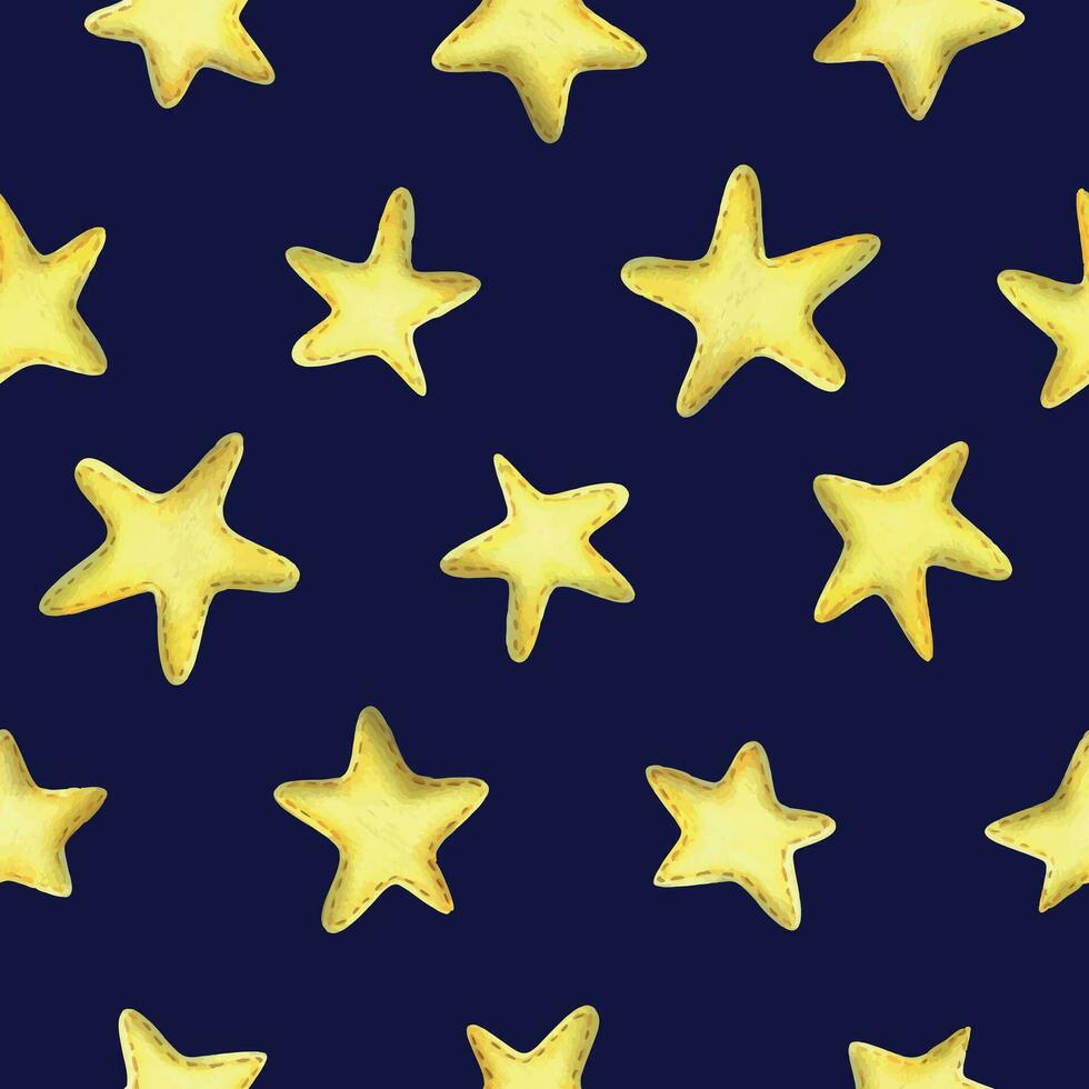 Yellow stars sewn from fabric with thread stitches. Watercolor illustration, hand drawn. Seamless pattern on a dark blue background vector