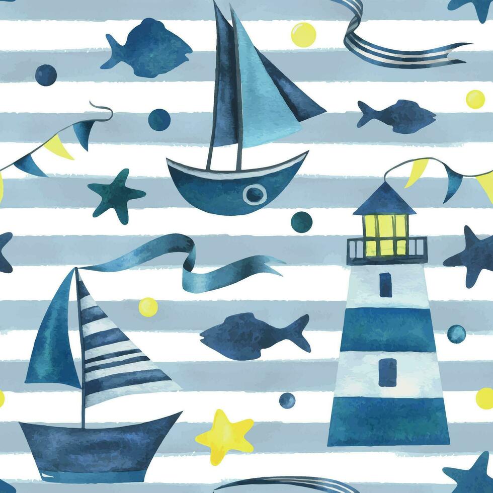 Sailing blue boats with a ribbon floating on the water with a lighthouse. Watercolor illustration hand drawn in a simple abstract childish style. Seamless pattern on a white striped background. vector