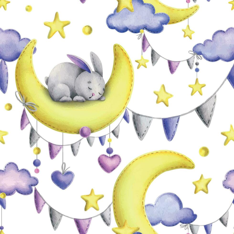 A cute gray stitched bunny lies and sleeps on a yellow moon with the garland flags, hearts hanging on ropes with bows. Watercolor illustration, hand drawn. Seamless pattern on a white background. vector