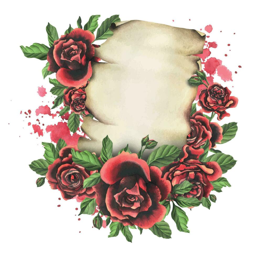 para San Valentín día, Clásico sábana de papiro papel con rojo rosas flores mano dibujado acuarela ilustración. composición con espacio para texto en un blanco antecedentes. vector