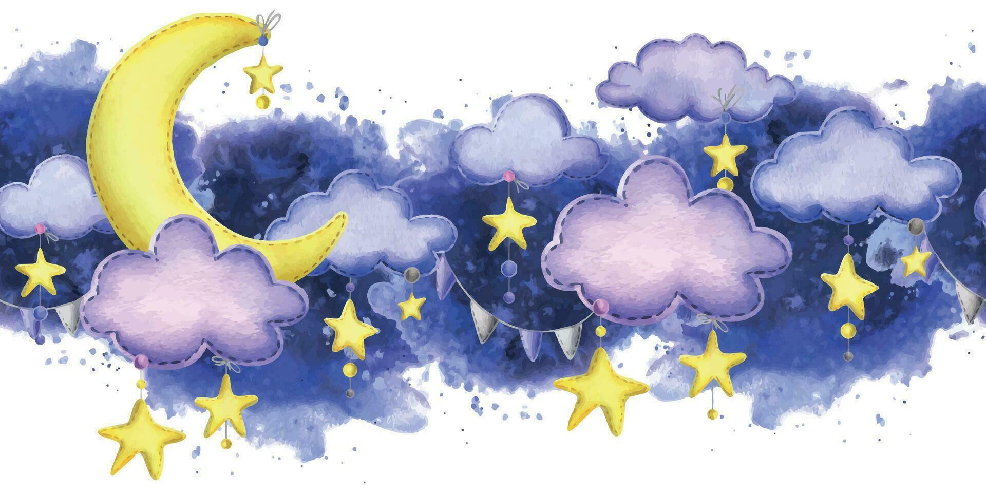 A cute stitched yellow moon with hanging stars, dots, clouds. Watercolor illustration, hand drawn. Seamless border on a white background vector