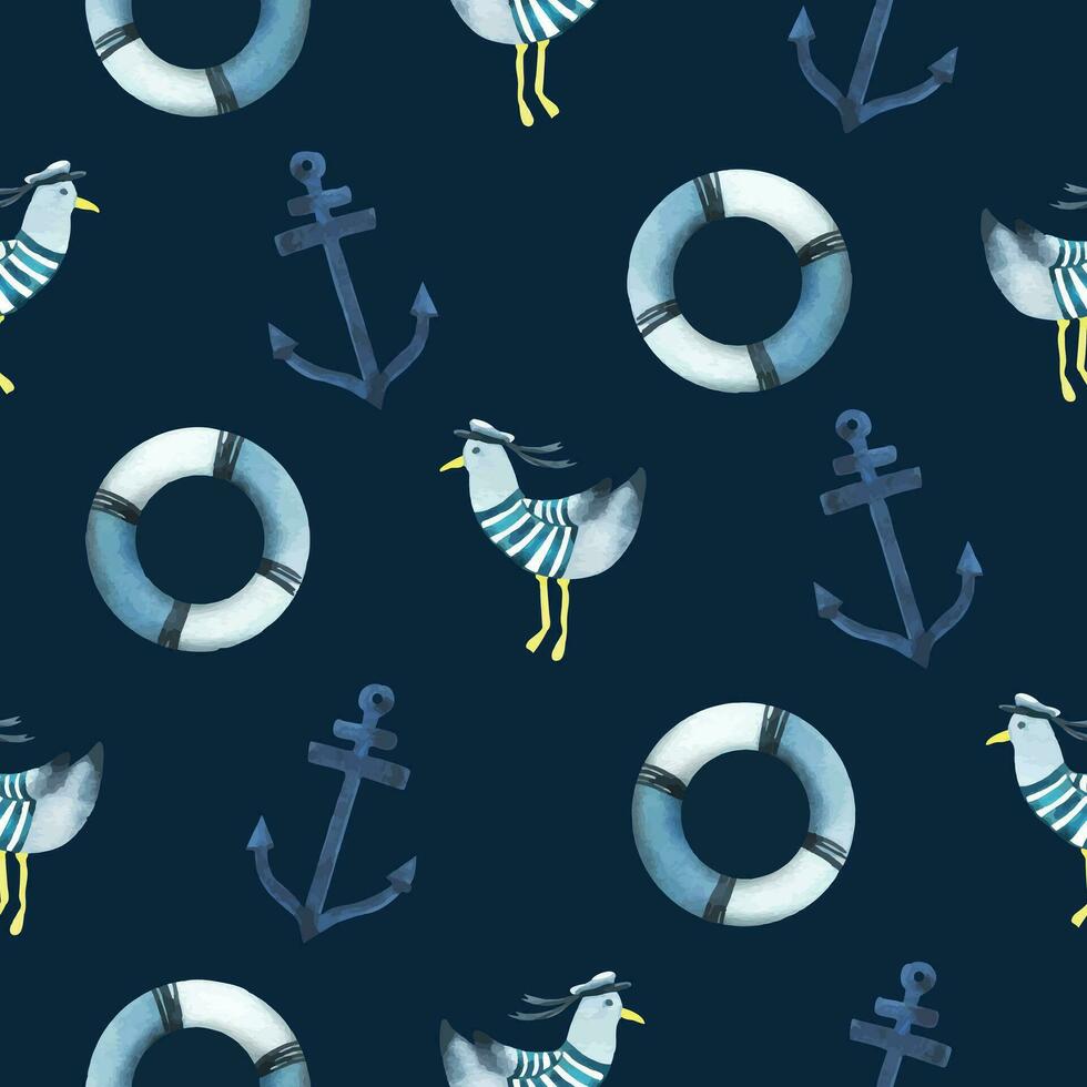 Lifebuoys with anchors, seagulls. Watercolor illustration, hand drawn in childish style. Seamless pattern on a blue background. vector