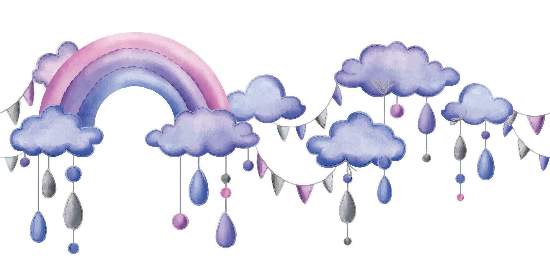 A stitched rainbow with clouds and raindrops hanging from ropes in blue, purple and pink. Childish cute hand drawn watercolor illustration. Seamless border on a white background vector