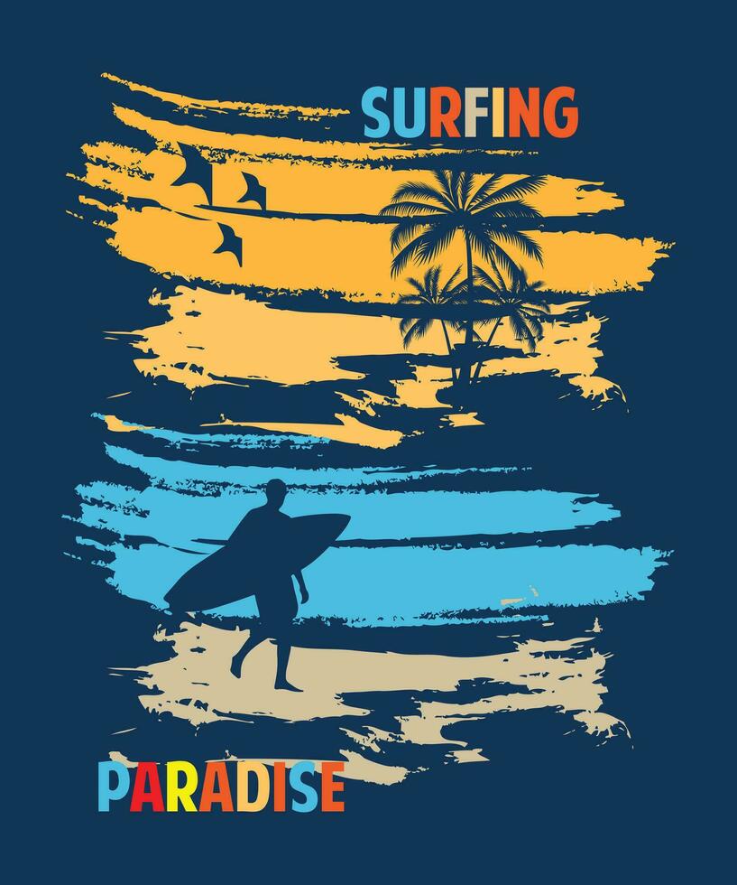 Summer t-shirt design with tropical nature palm trees, typography style print t-shirt, t, tee. Great for beach holiday wear, surfing, clothing templates. Vector illustration. Print on demand design.