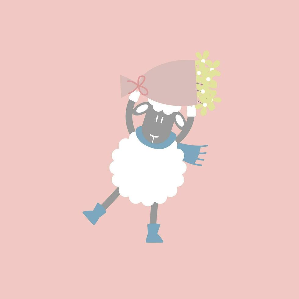 cute and lovely sheep holding flower, happy valentine's day, love concept, flat vector illustration cartoon character costume design