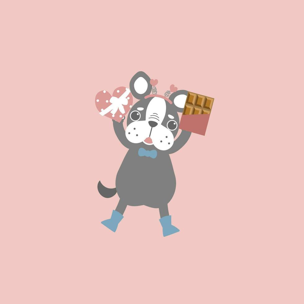 cute and lovely dog with heart chocolate bar, happy valentine's day, love concept, flat vector illustration cartoon character costume design