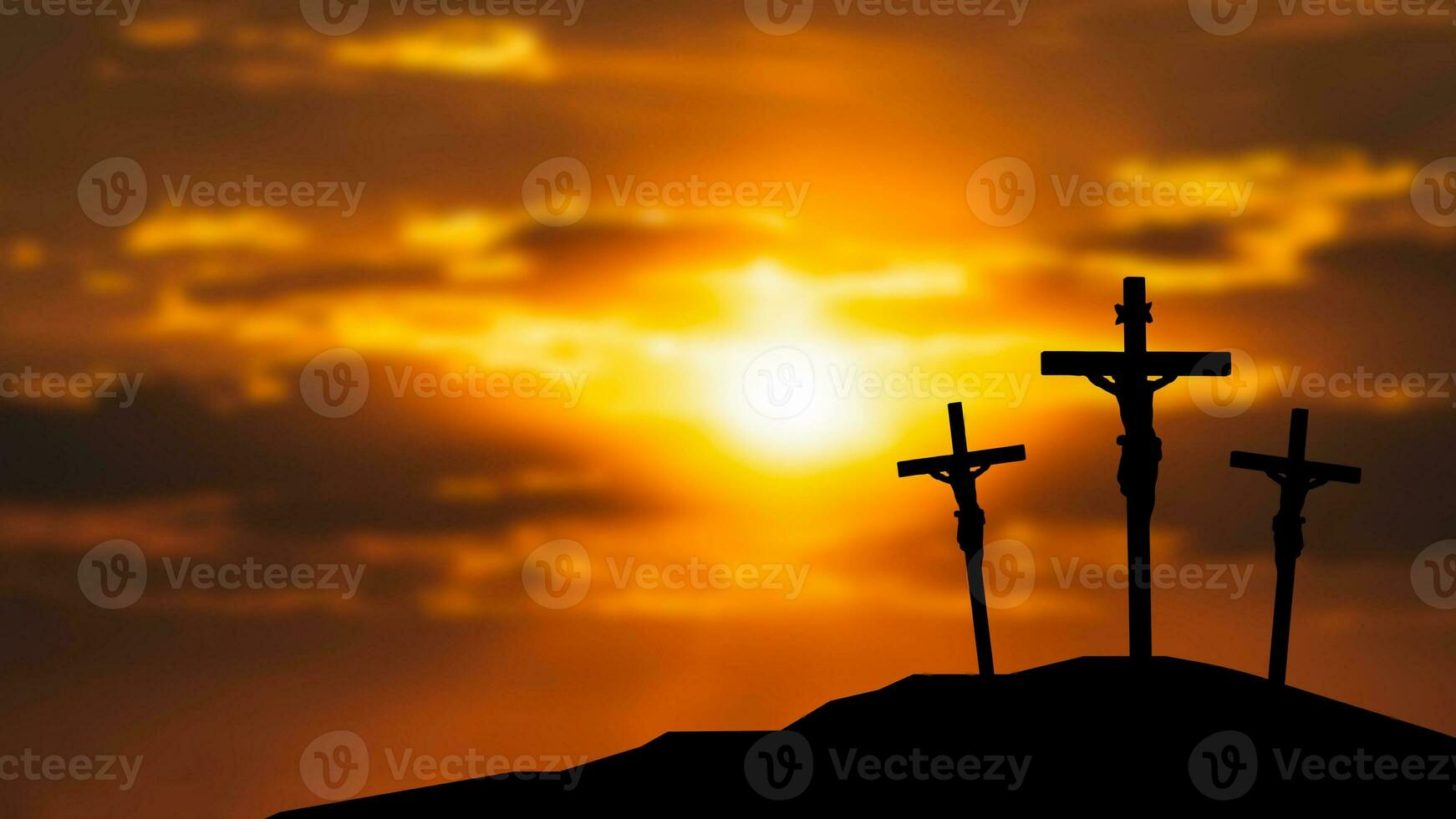 The Crucifixion Of Jesus Christ in twilight sky 3d rendering. photo