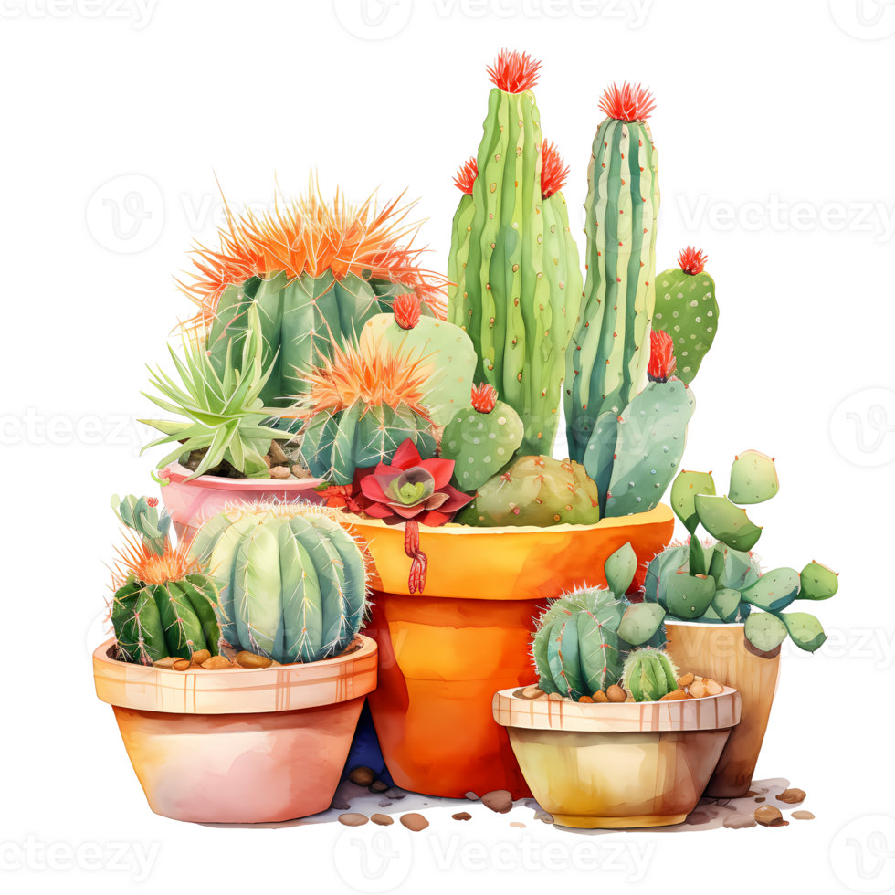 Ai generated watercolor cactus plants in pots on a transparent background png