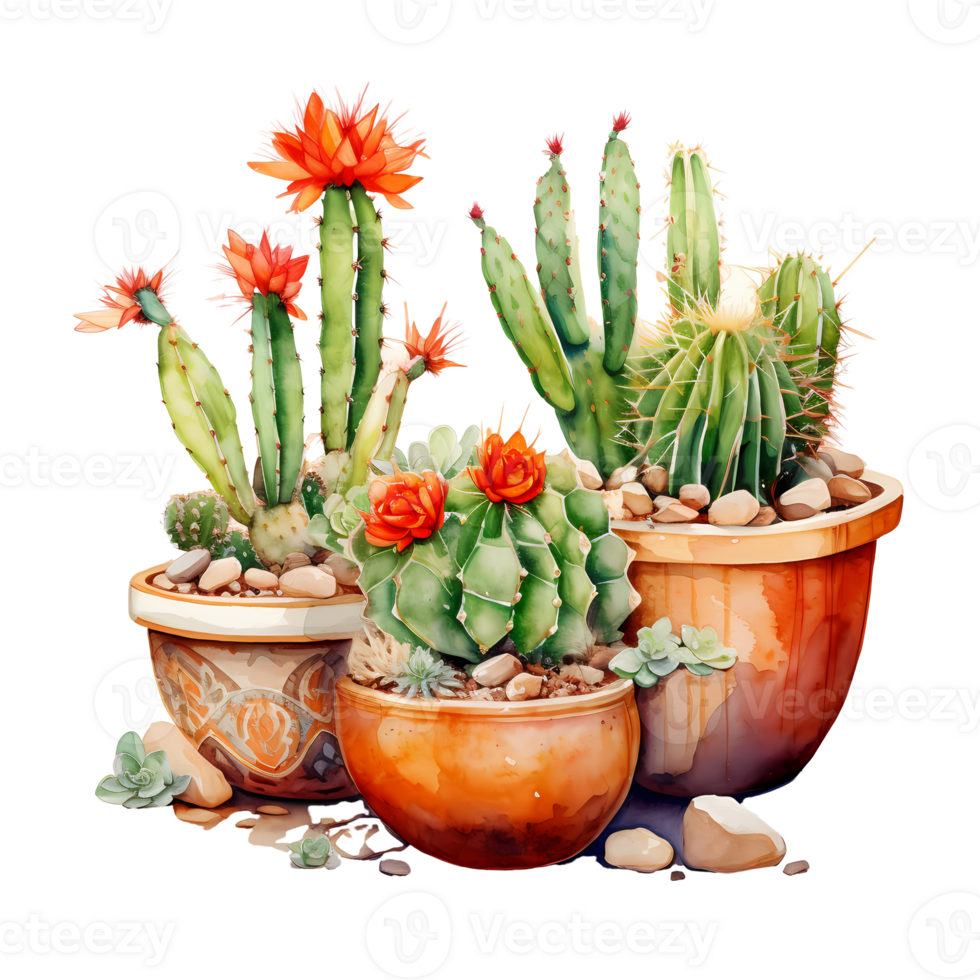 Ai generated watercolor cactus plants in pots on a transparent background png