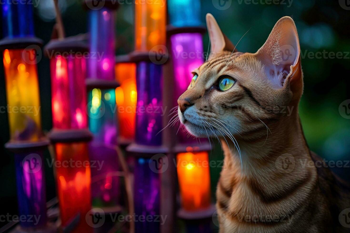 de cerca de linda gato mirando a alguna cosa con hermosa bokeh fondo, generativo ai foto