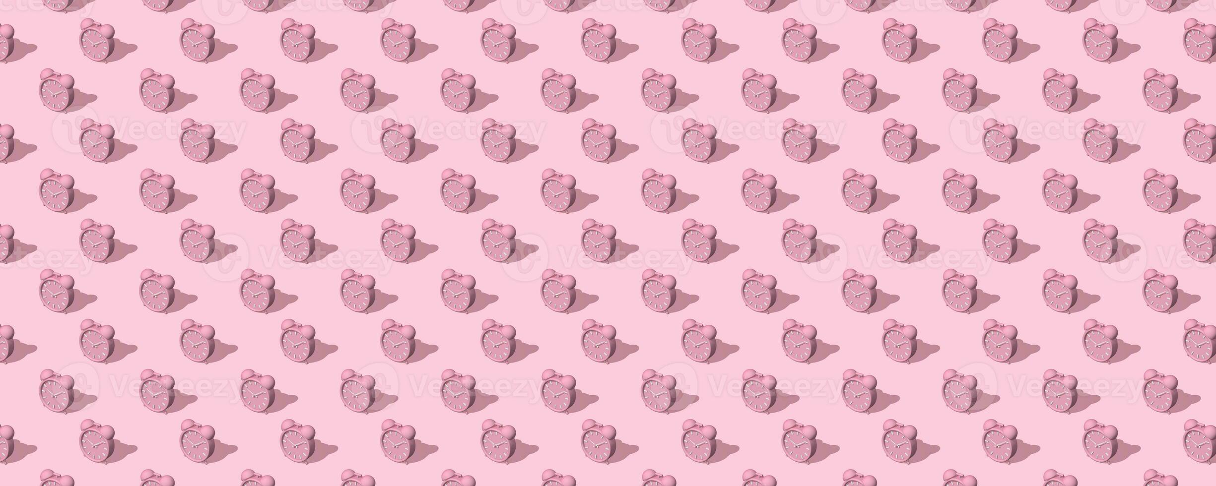 Banner of pink alarm clocks with shadow on pink background. Set. Seamless texture pattern. 3D illustration. Long shadow from the summer sunshine. photo