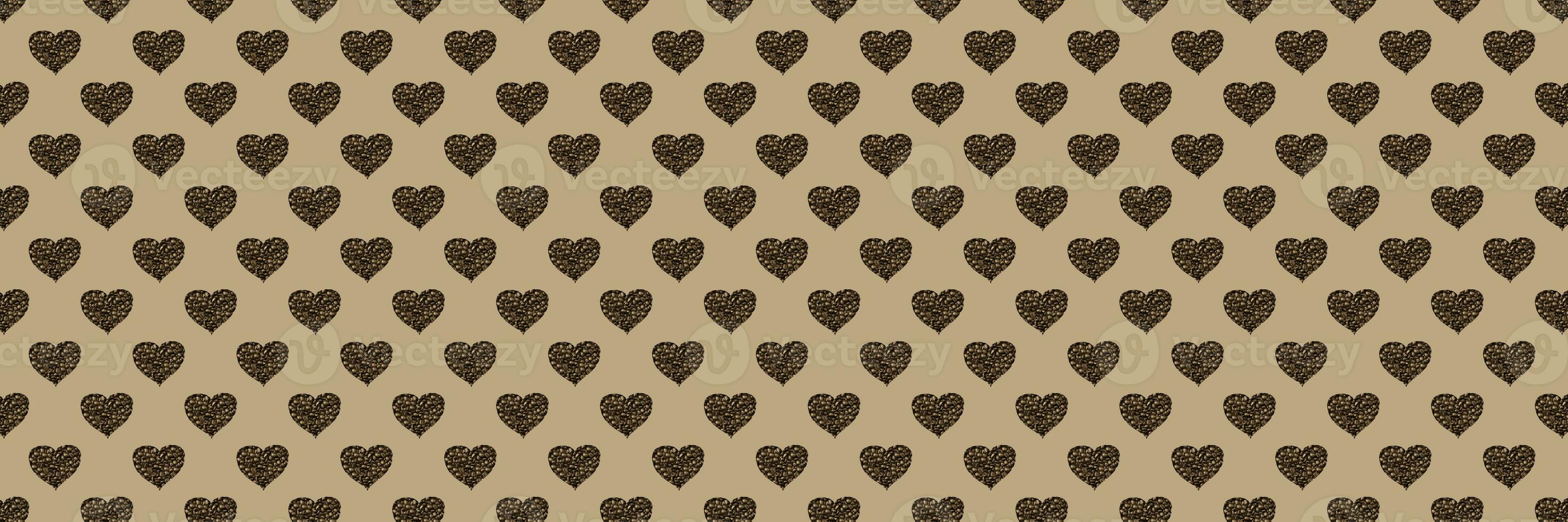 Seamless pattern of Hearts isolated on beige background. Coffee beans are poured in the shape of hearts. photo