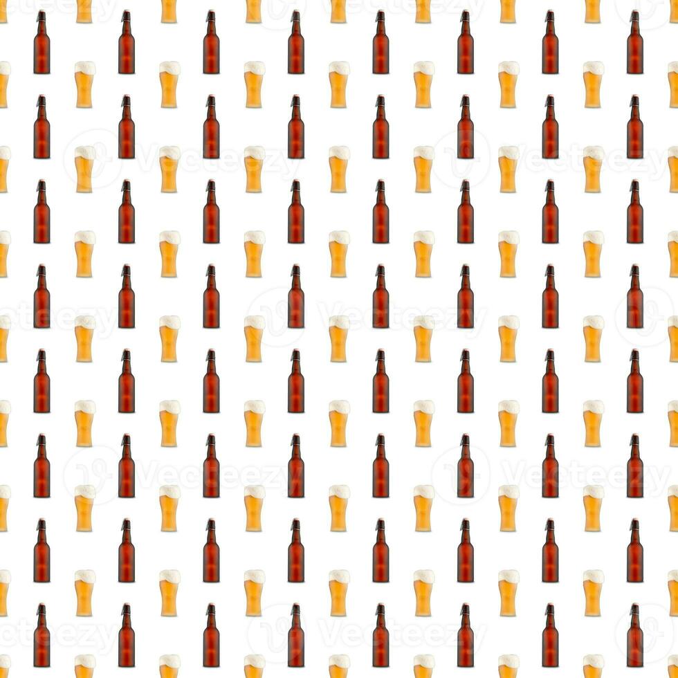 Seamless pattern of large beer glass full of beer with foam and bottles on white background. photo