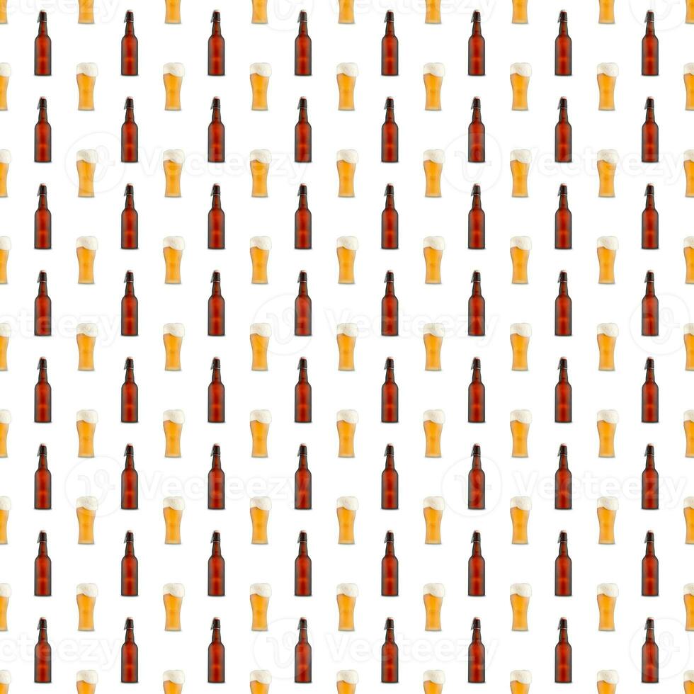 Seamless pattern of large beer glass full of beer with foam and bottles on white background. photo