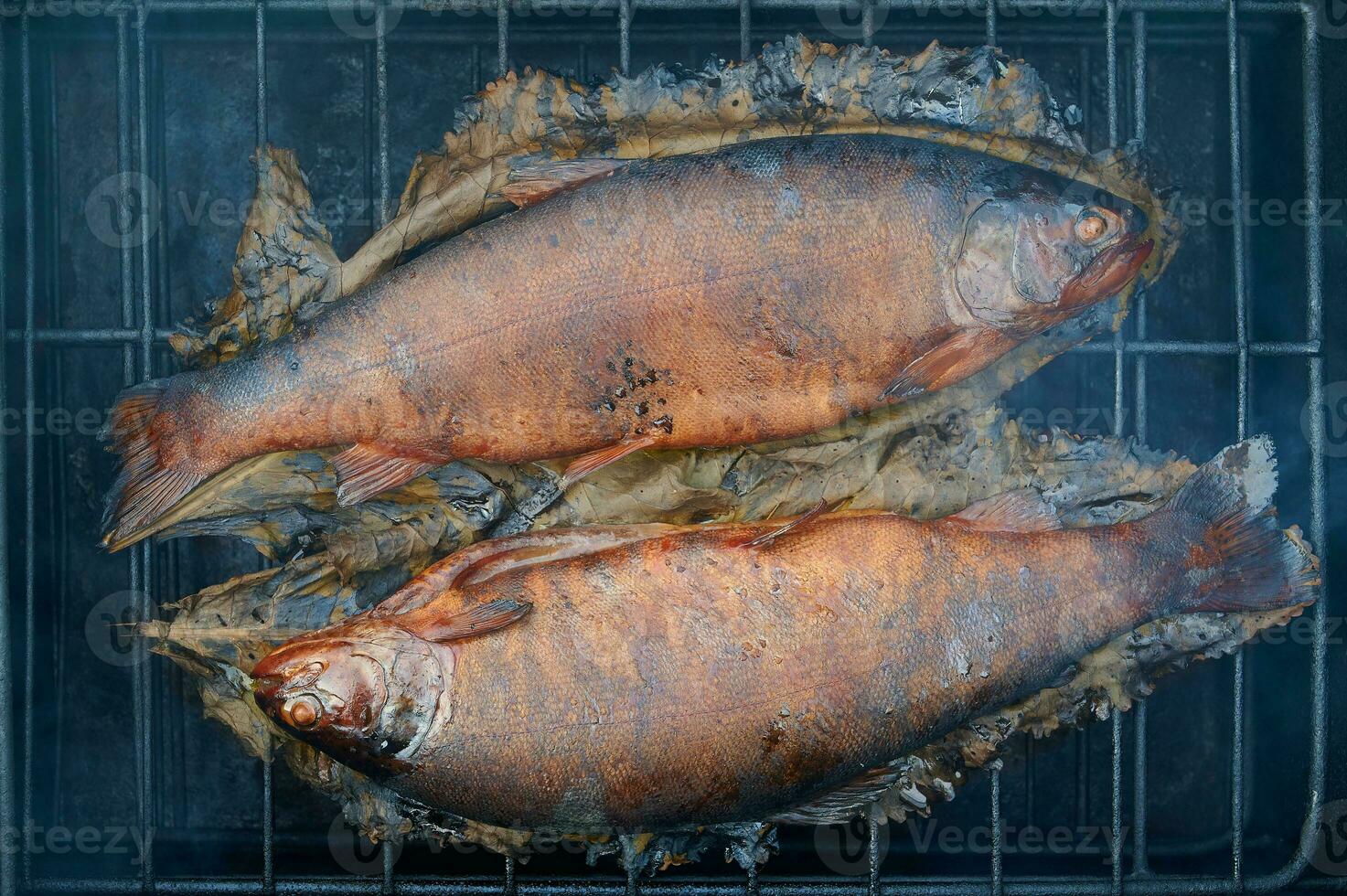 The smoking process. Trout is smoking on the grill and there is smoke. photo