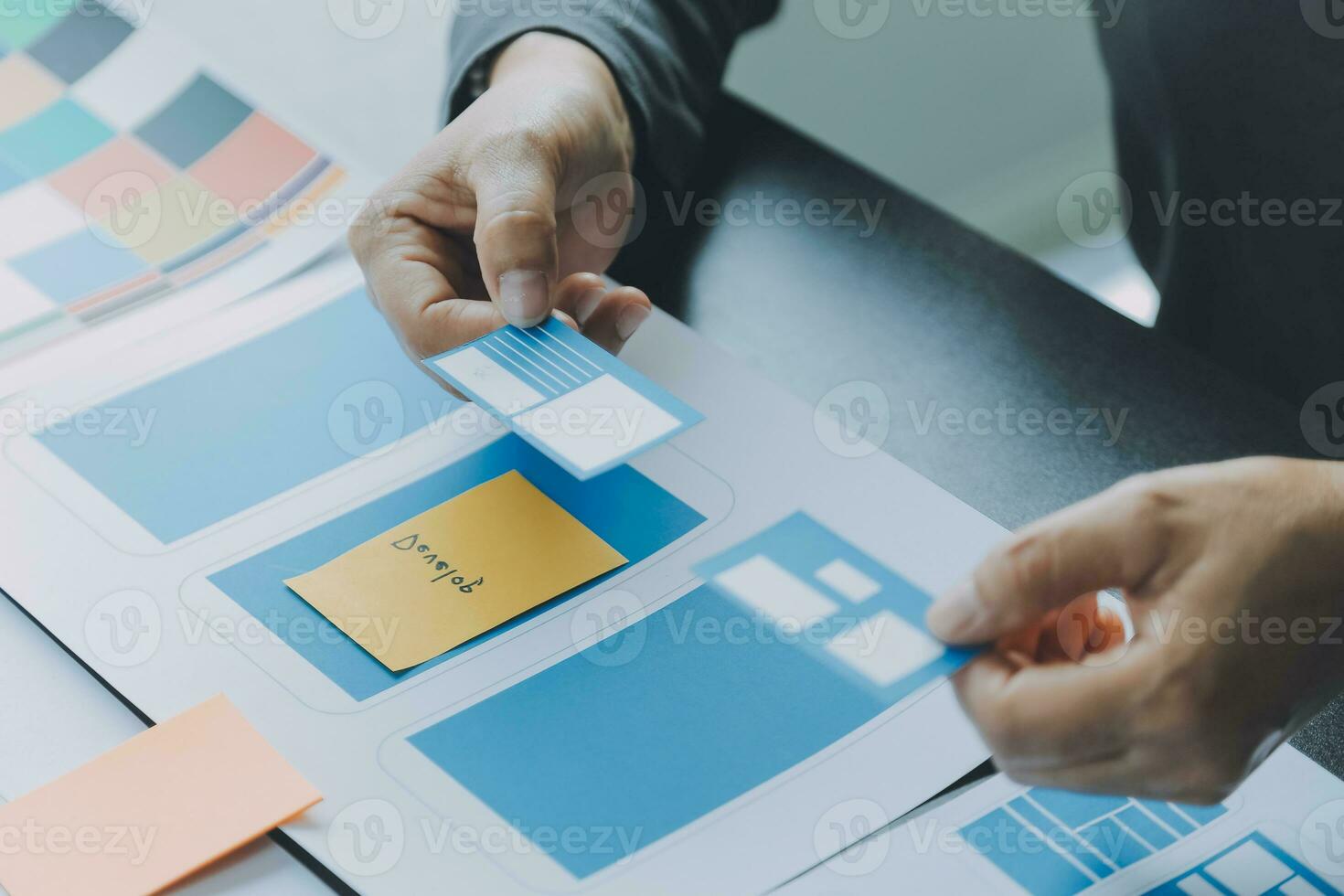 ux Graphic designer creative sketch planning application process development prototype wireframe for web mobile phone . User experience concept. photo