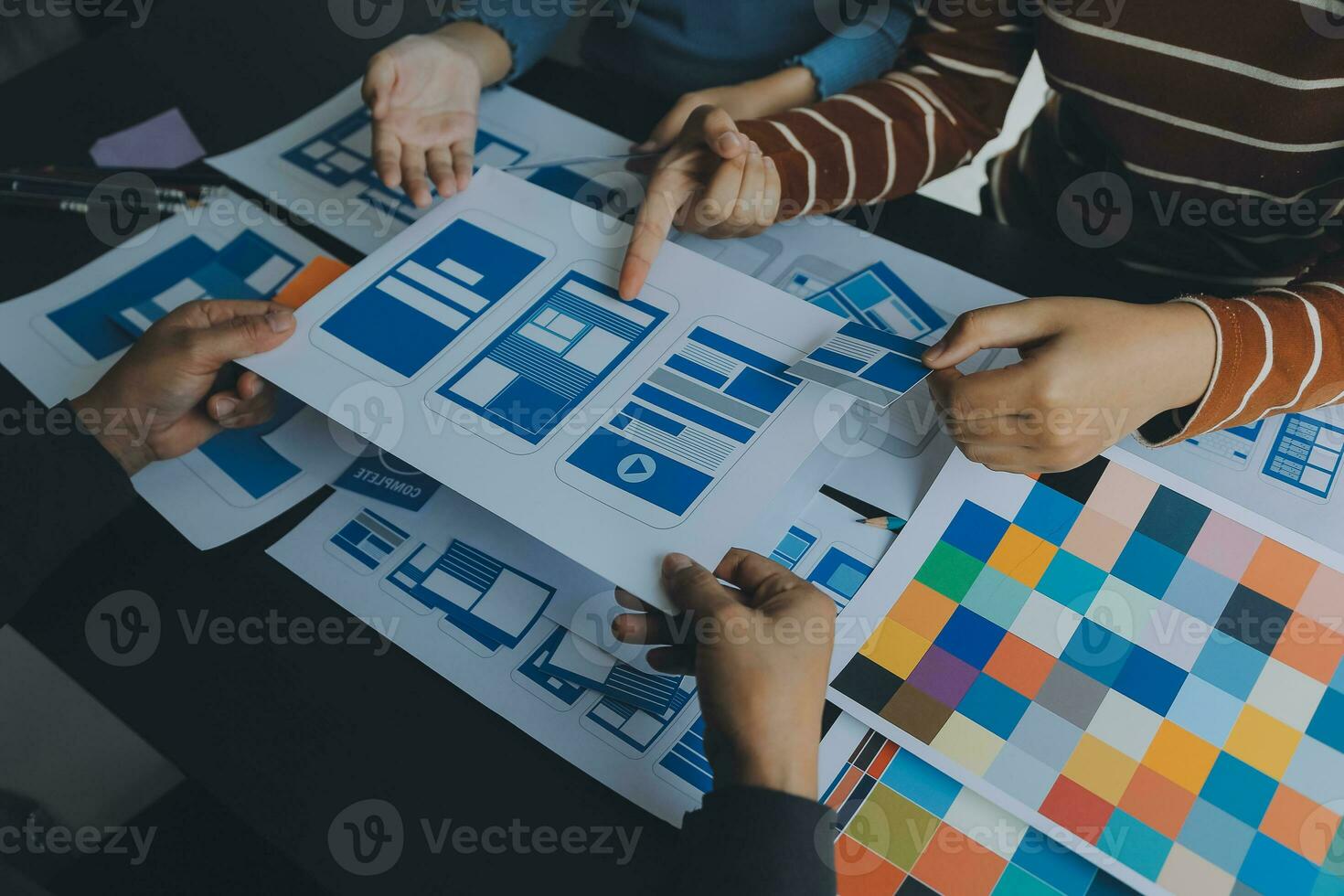 ux Graphic designer creative sketch planning application process development prototype wireframe for web mobile phone . User experience concept. photo