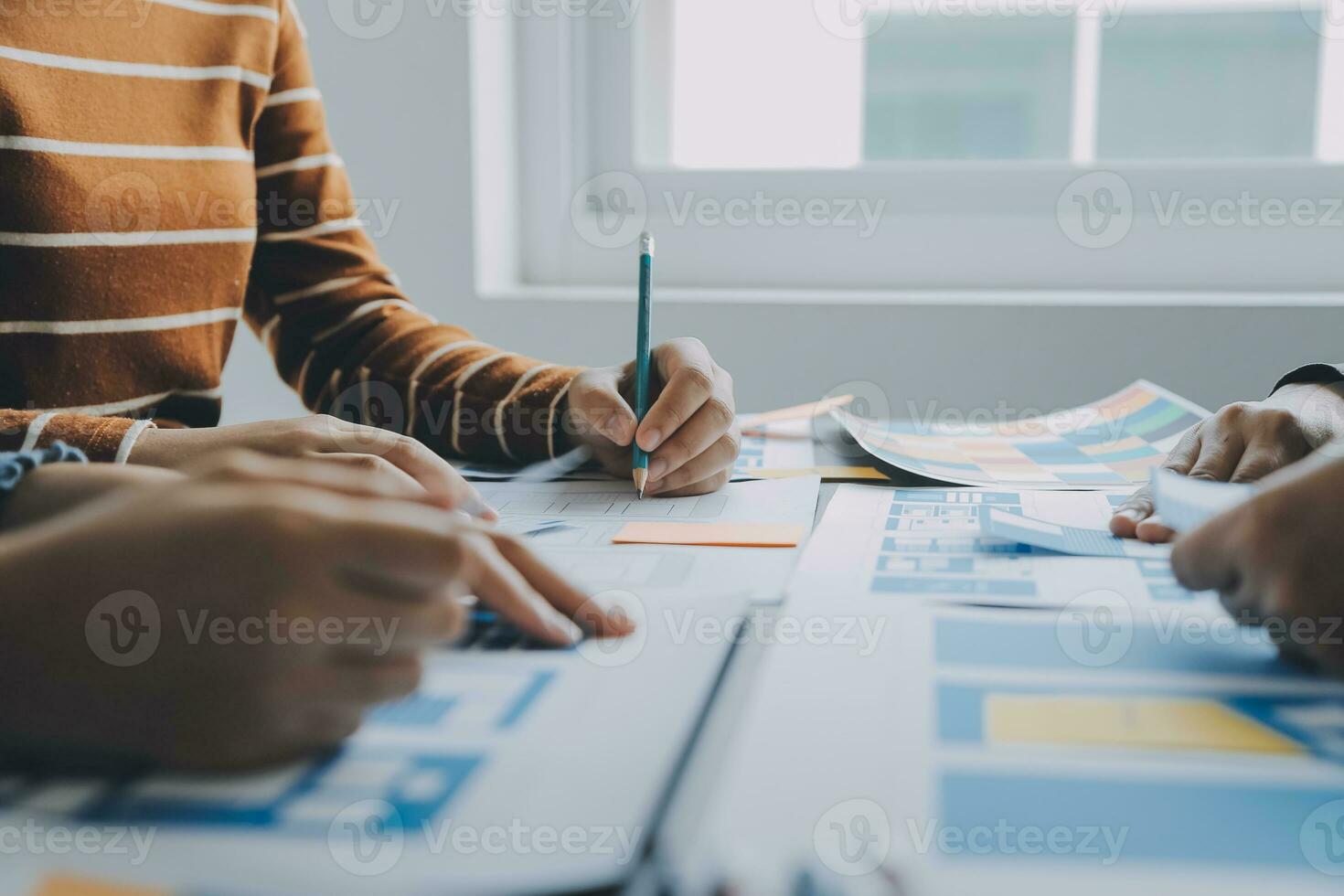 ux Graphic designer creative sketch planning application process development prototype wireframe for web mobile phone . User experience concept. photo