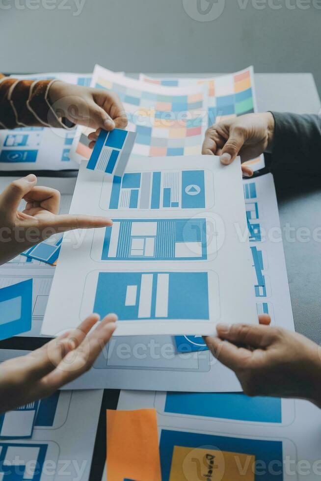 ux Graphic designer creative sketch planning application process development prototype wireframe for web mobile phone . User experience concept. photo