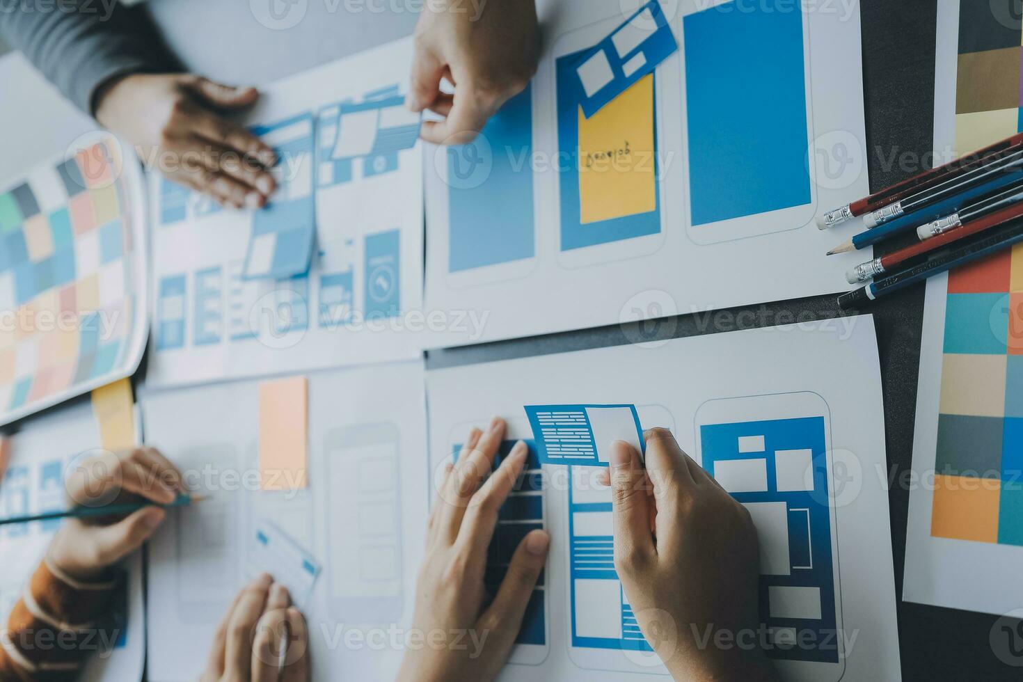 ux Graphic designer creative sketch planning application process development prototype wireframe for web mobile phone . User experience concept. photo